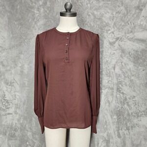 Ann Taylor Women Brown Long Sleeve Button Neck Blouse Size Small Career Sheer